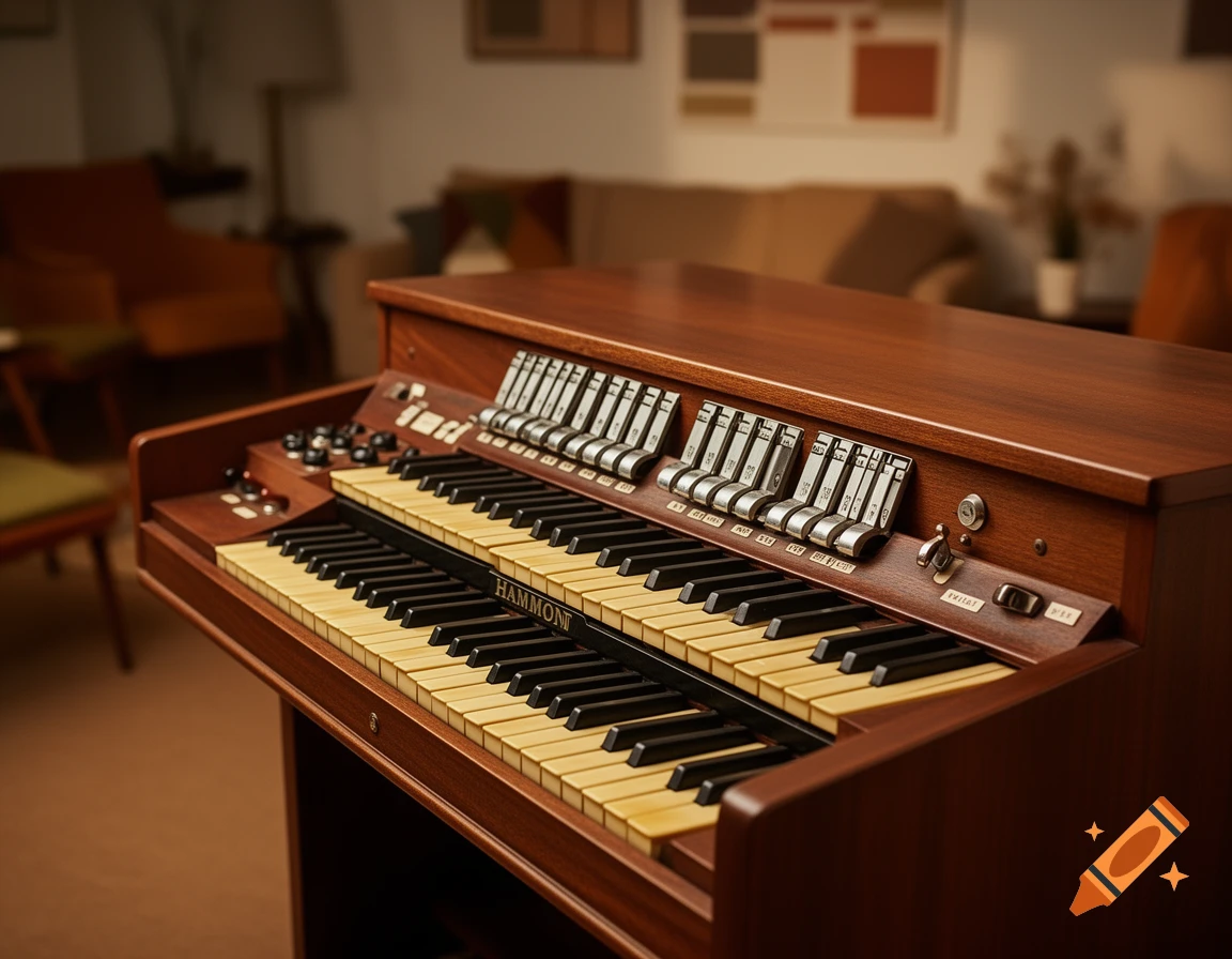 A vintage wooden Hammond organ with two keyboards and drawbars in a dimly lit room, photorealistic.