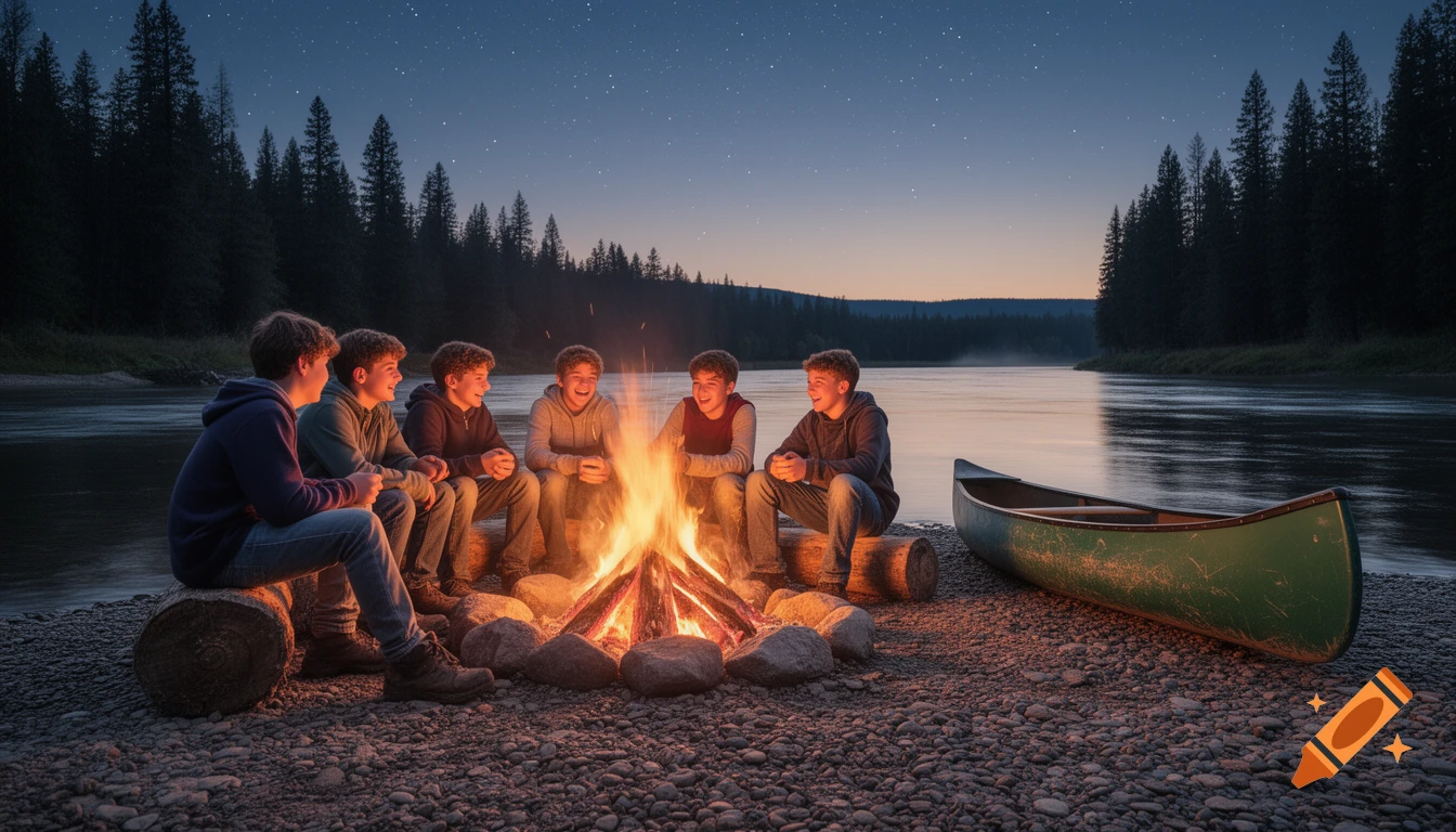 Five teenage boys laugh around a campfire on a riverbank with a green canoe nearby, surrounded by a dark forest at dusk.