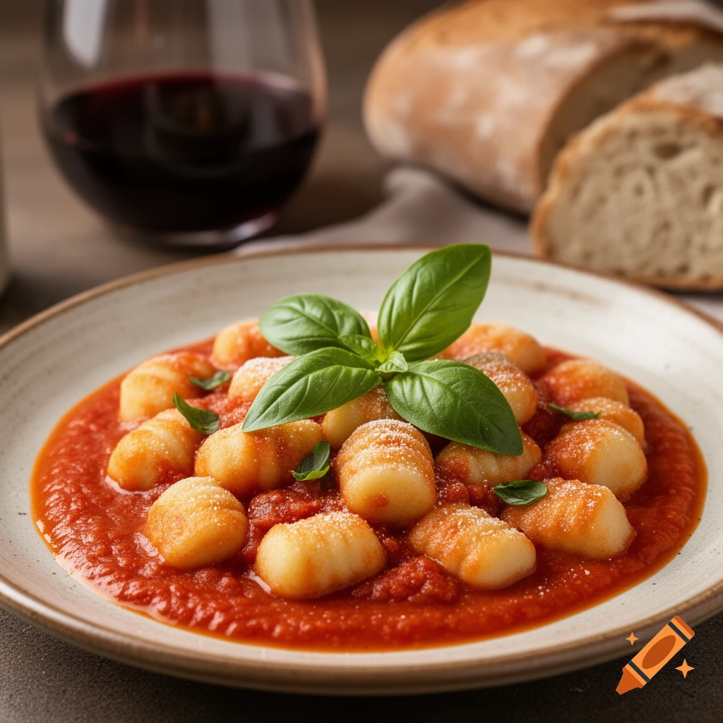 Photorealistic plate of gnocchi with tomato sauce, fresh basil, and grated cheese, with a glass of red wine and bread in the background.
