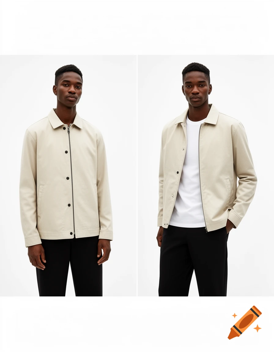Two photos of a Black man modeling a light beige zip-up jacket over black pants on a white background, one with the jacket zipped and one open.