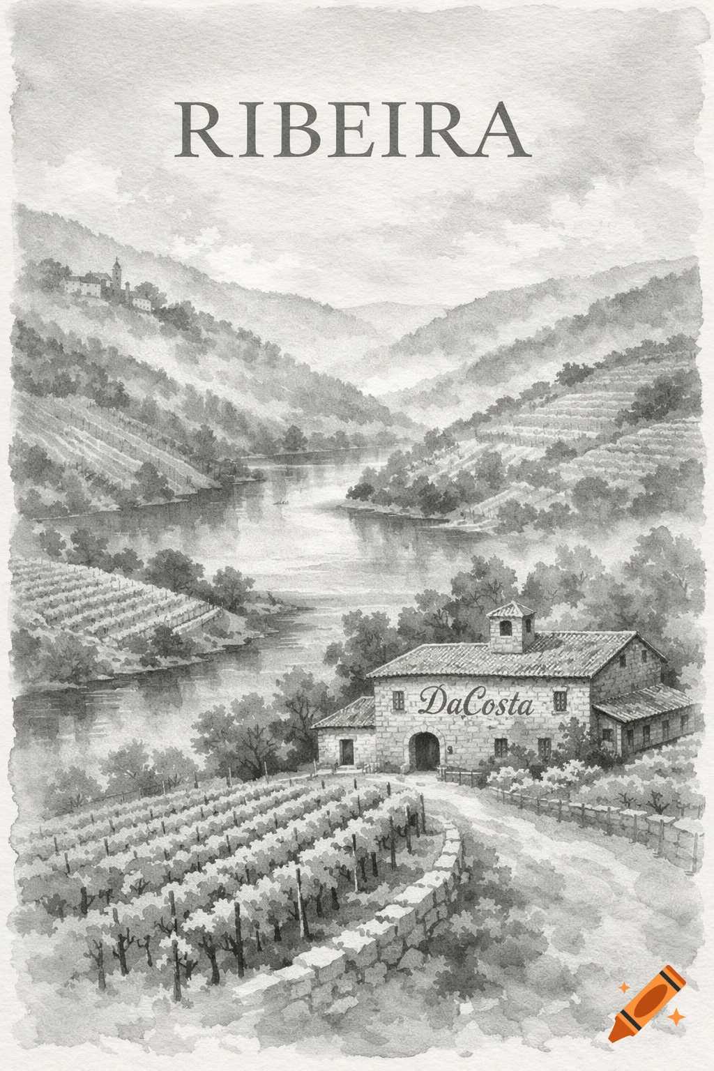 Black and white watercolor painting of a scenic river valley with vineyards, hills, and a stone winery building. Text reads "RIBEIRA" and "DaCosta".