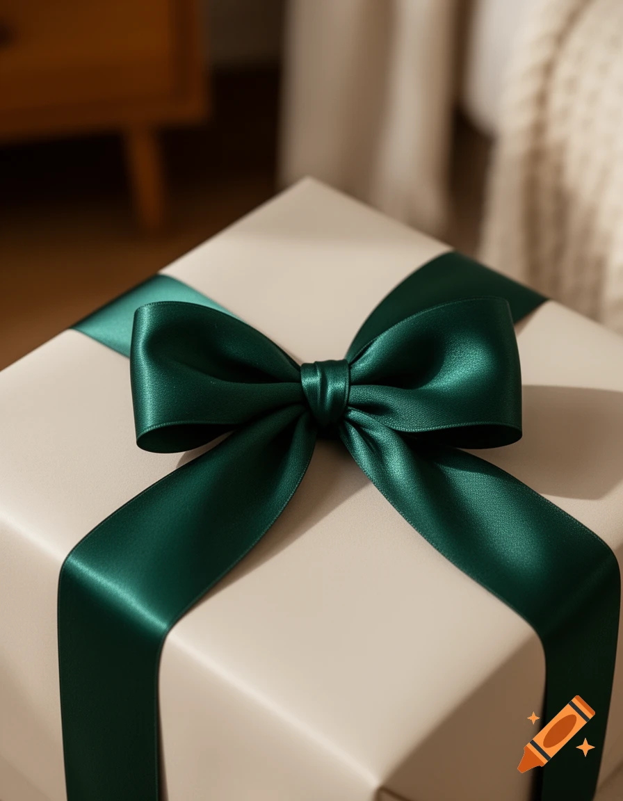 A light beige gift box tied with a rich emerald green satin ribbon and a bow, with a blurred background.
