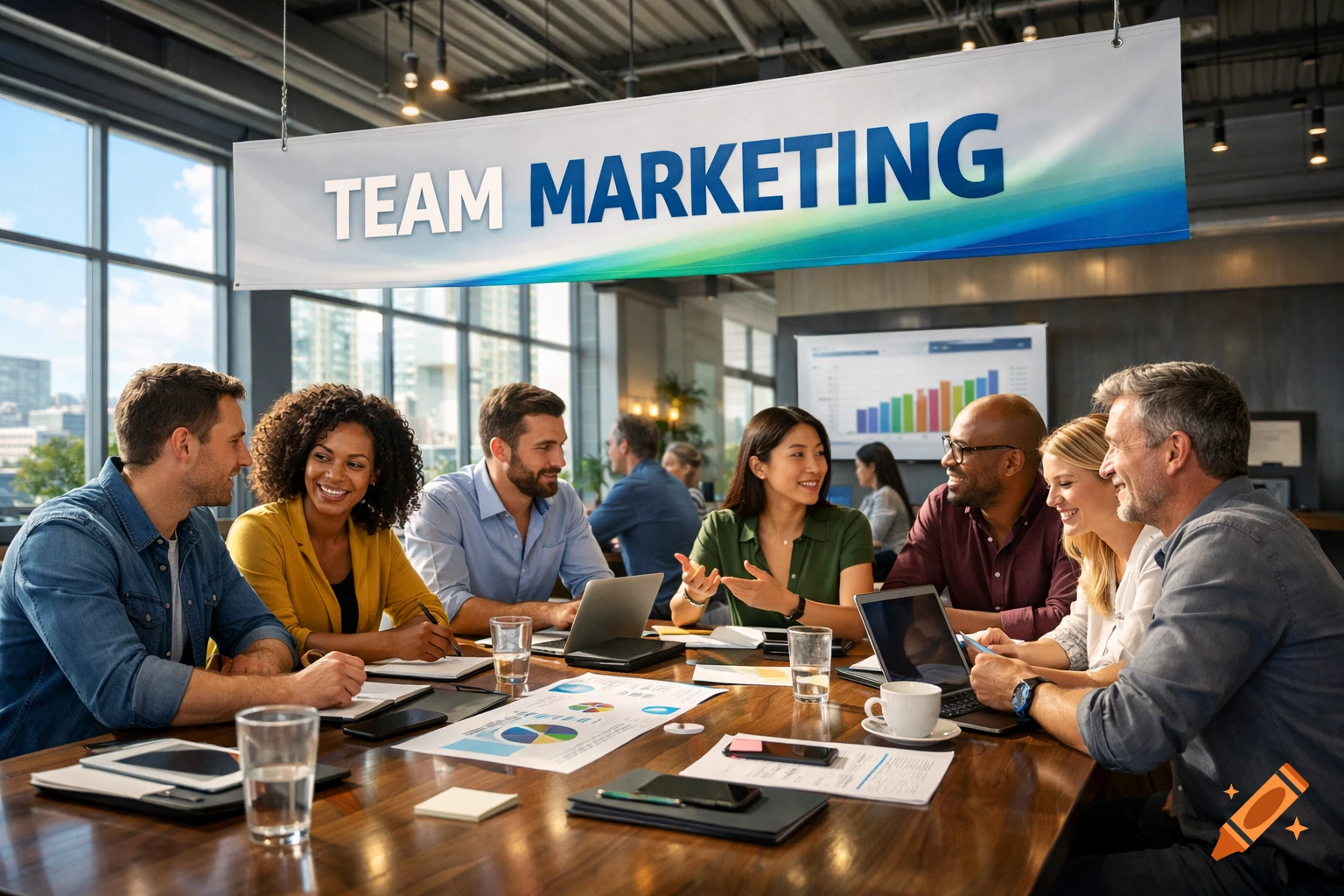 Diverse business team in a modern office meeting room with a "Team Marketing" banner.
