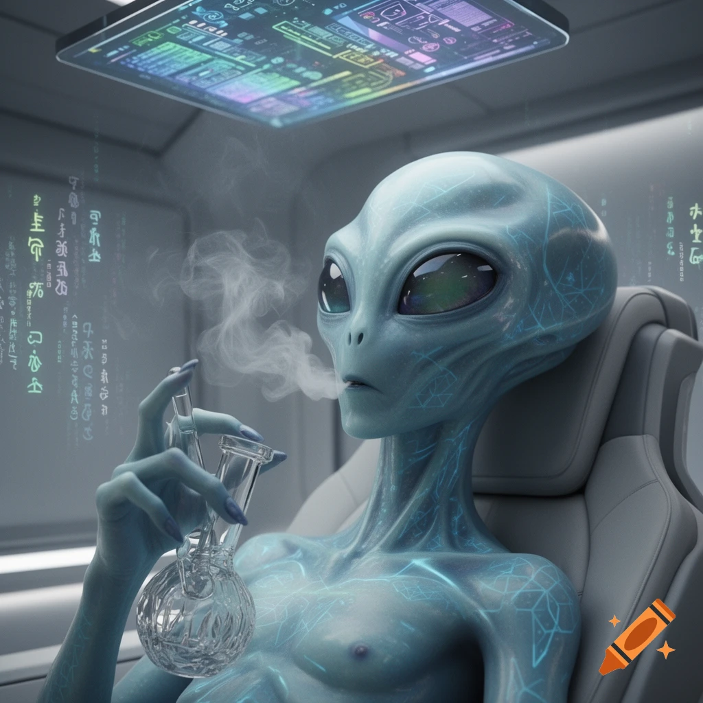 A blue-grey alien with large eyes sits in a futuristic chair, exhaling smoke from a glass bong. Futuristic UI elements hover around.