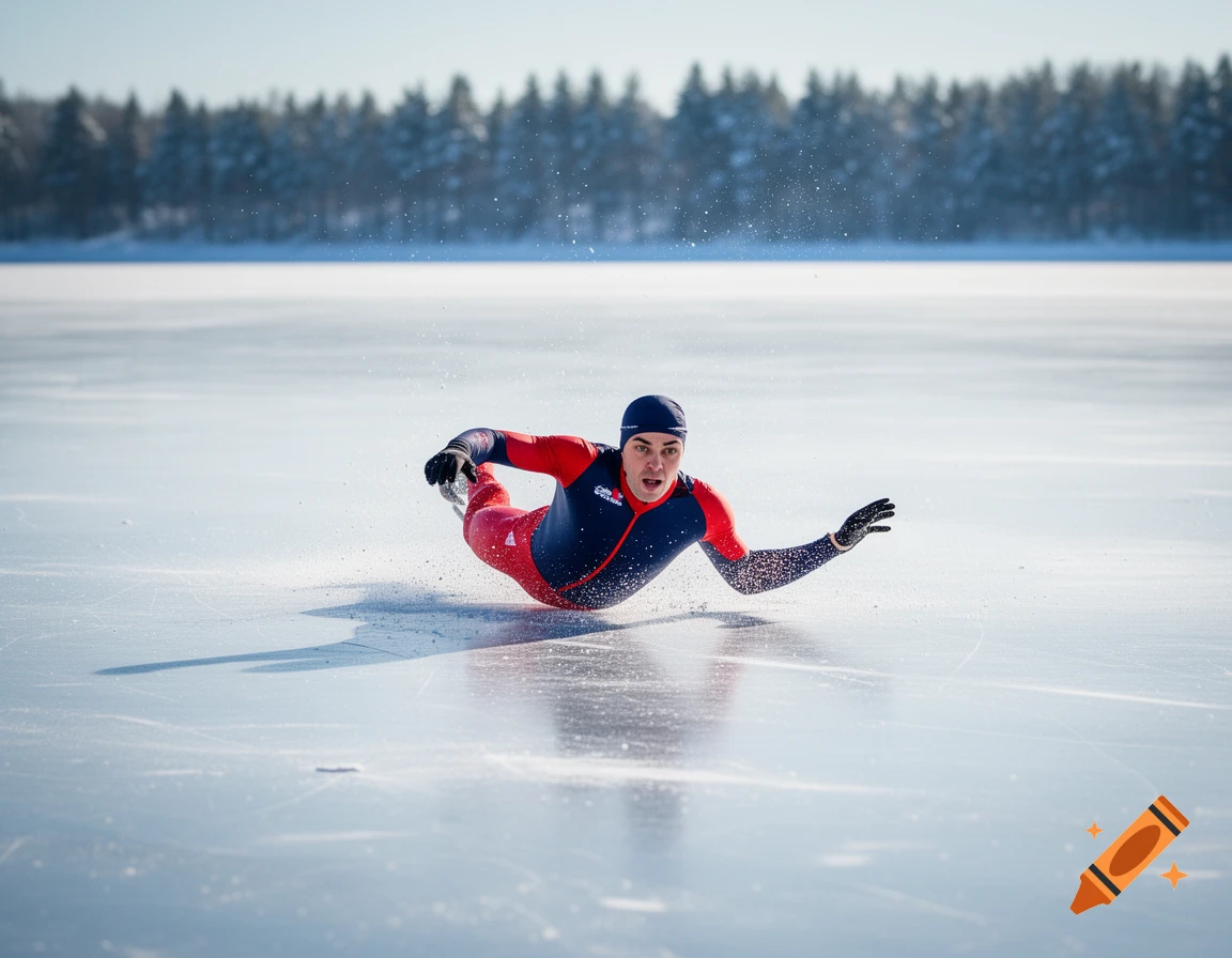 A male speed skater in a red and blue suit falls dramatically on a vast frozen lake, kicking up ice crystals under a clear sky.
