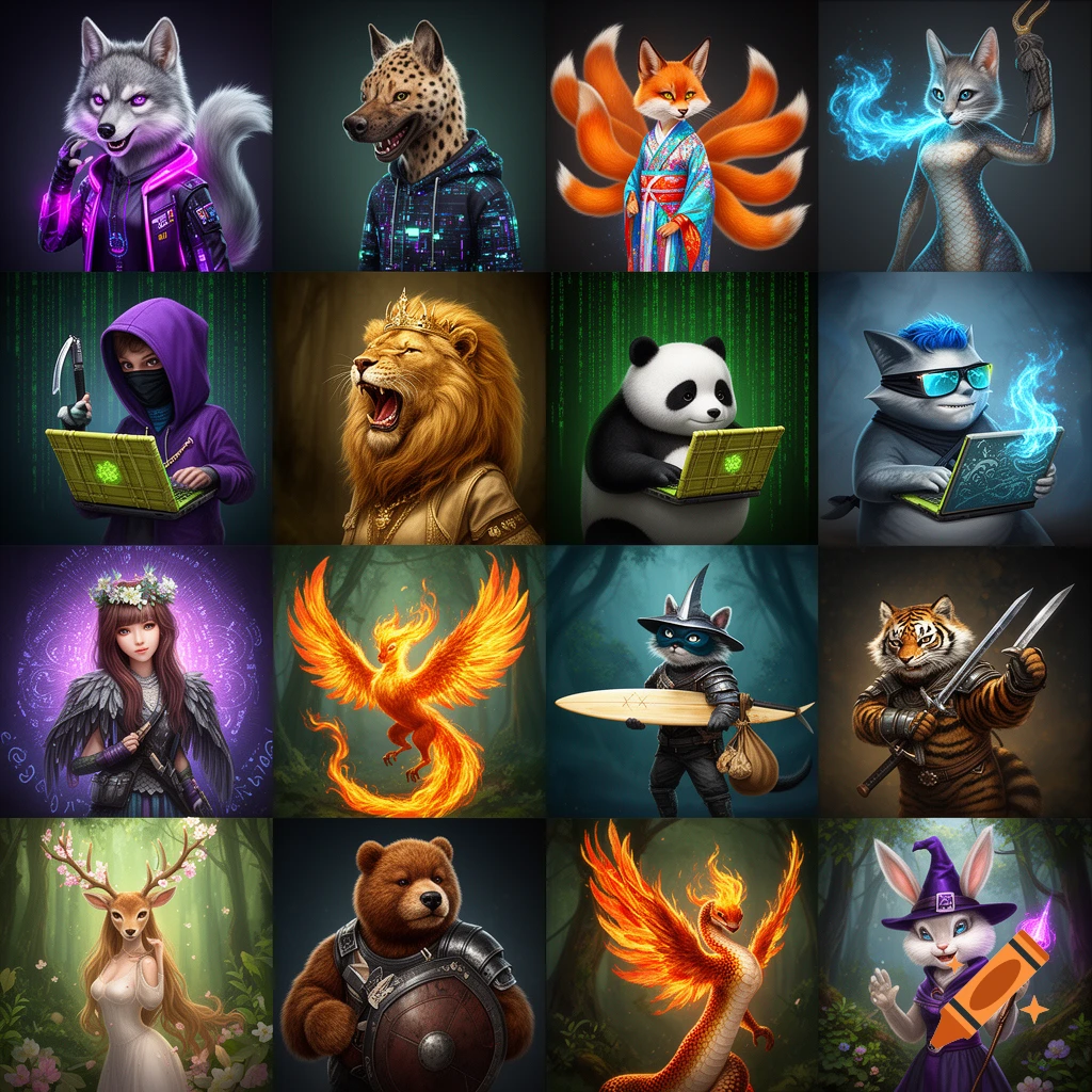 A grid of sixteen fantasy-style anthropomorphic animal and human hybrid avatars, including a wolf girl, hyena boy, fox girl, cat-dragon, hooded hacker, panda hacker, lioness queen, woman with flower crown, cat surfer, tiger warrior, phoenix bird, deer forest spirit, fiery snake, bear guardian, and rabbit mage.