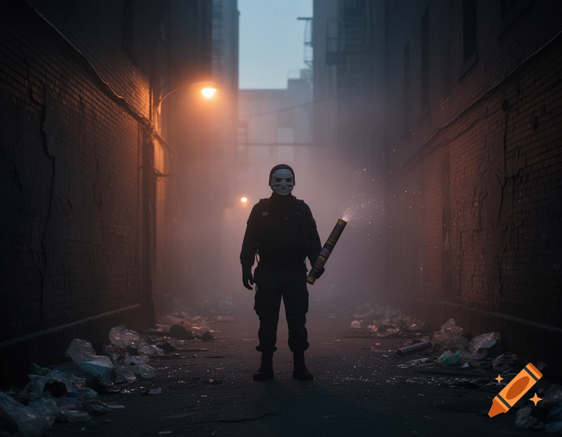 A masked figure in a dark alley holds a sparking firework, surrounded by trash and illuminated by a streetlamp in a hazy, atmospheric scene.
