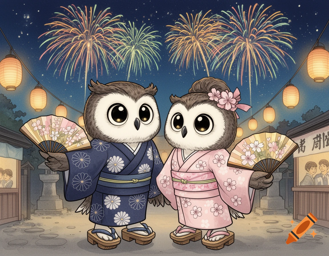 Cartoon owl couple in Japanese yukata holding fans at a fireworks festival in a Japanese art style.