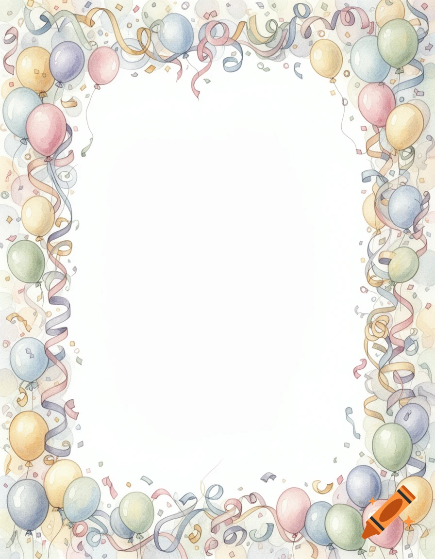 Watercolor frame of soft pastel balloons, streamers, and confetti around a white empty space.