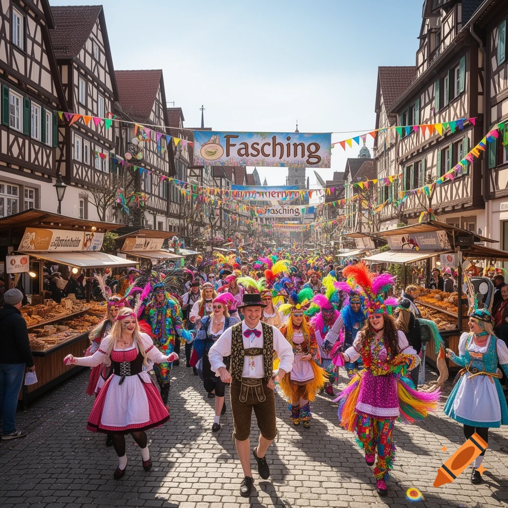 A vibrant street scene during Fasching, with many people in colorful costumes and feather headdresses, market stalls lining the street, and banners overhead.