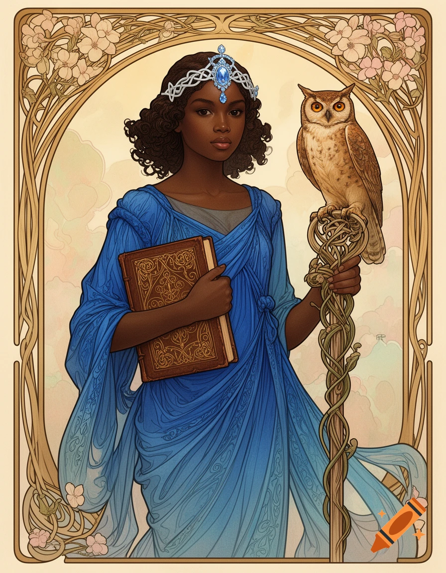 Art Nouveau illustration of an African-American woman in a blue dress and tiara, holding a book and a scepter with a tawny owl.