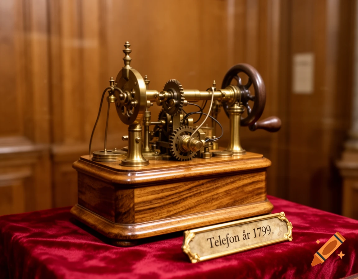 An ornate antique brass and wood device, labeled 'Telefon år 1799', displayed on a red velvet cloth.