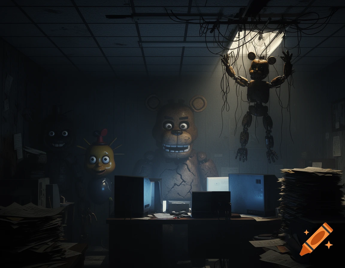 Phantom Freddy, Balloon Boy, and a hanging Mangle animatronic lurk in a dimly lit, cluttered office. 3D render.