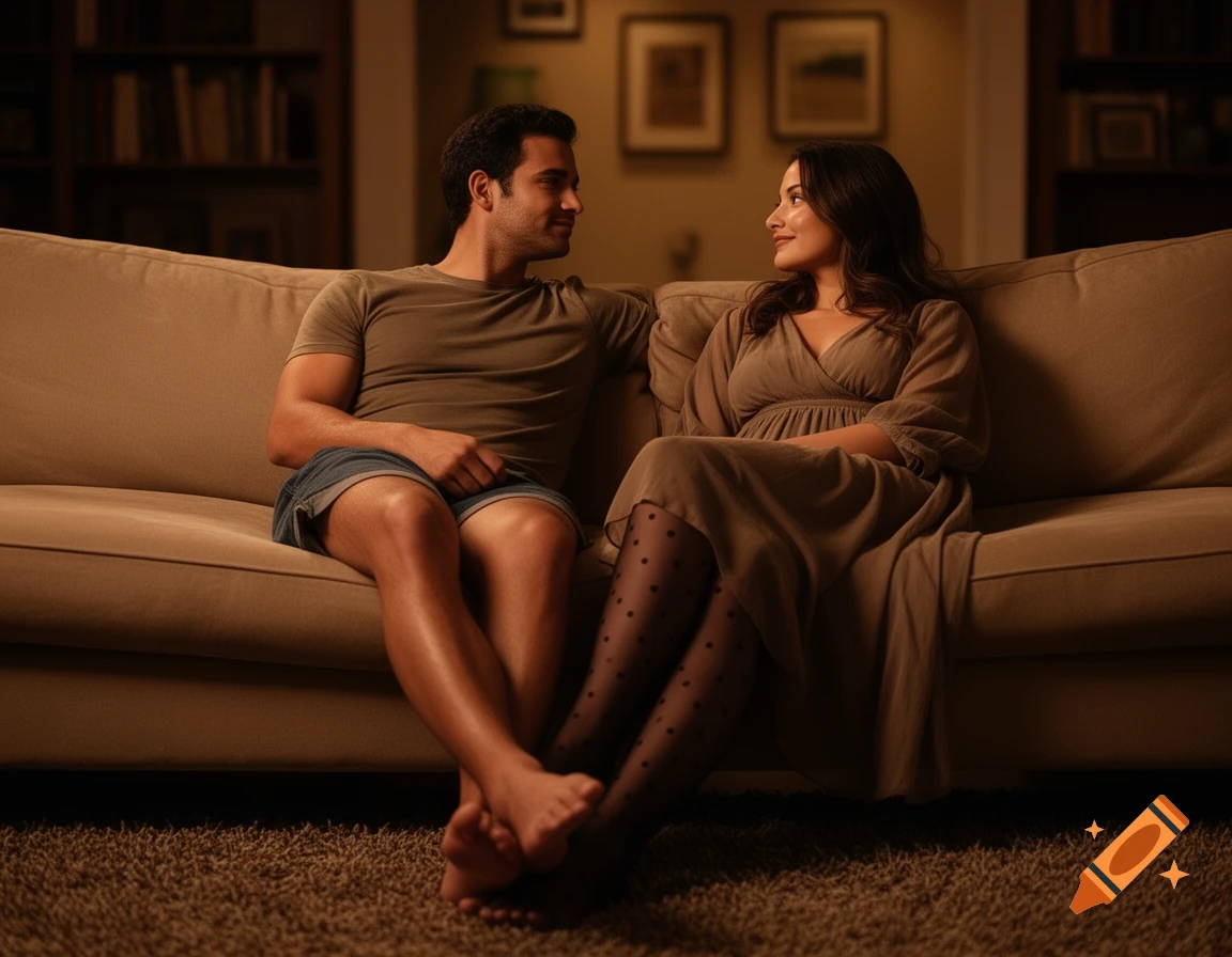 A man in a t-shirt and shorts and a woman in a dress and polka dot stockings sit on a couch, looking at each other in a dimly lit living room.