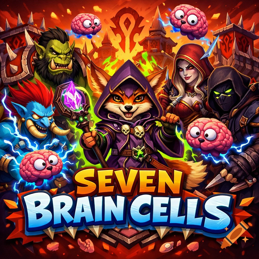 Cartoon World of Warcraft fan art featuring Horde characters like an Orc, Troll, Vulpera, Sylvanas, and an Undead Rogue, with floating brains and the text 'SEVEN BRAIN CELLS'.
