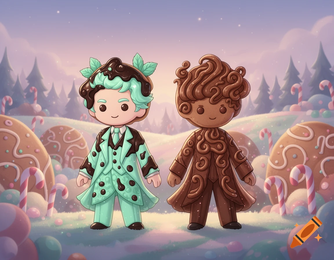 Cute cartoon characters, Mint Choco Cookie and Cinnamon Cookie, stand in a whimsical candy land with gingerbread and candy canes.