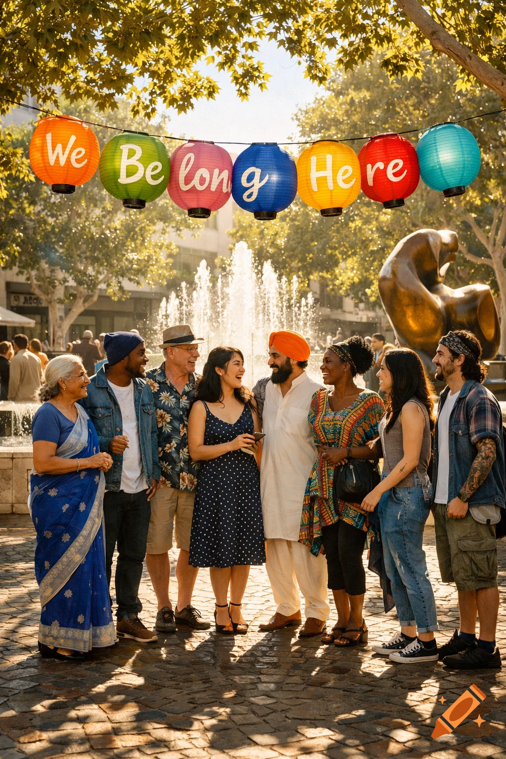Diverse smiling people gather in a sunny plaza with a fountain, beneath lanterns displaying "We Belong Here".