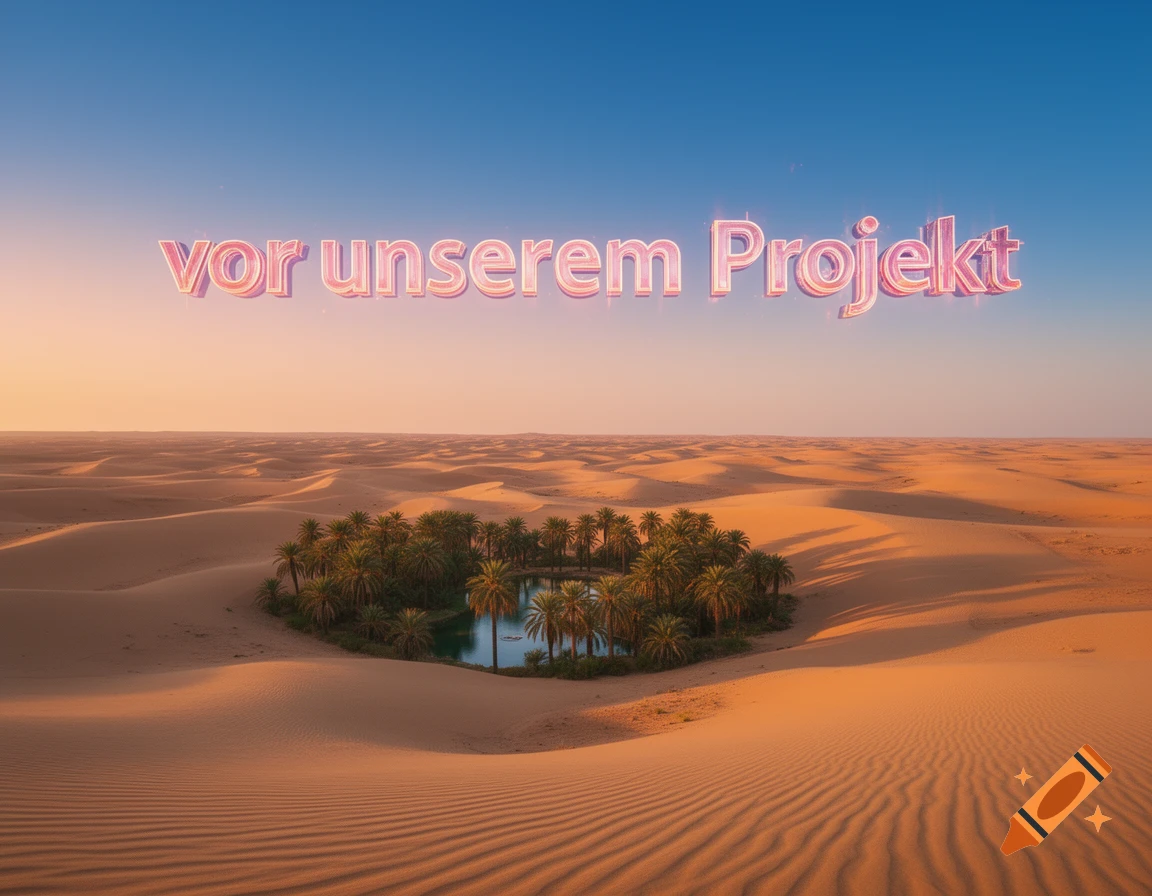 Photorealistic desert landscape with an oasis, palm trees, and a small lake, with the text 'vor unserem Projekt' floating above.