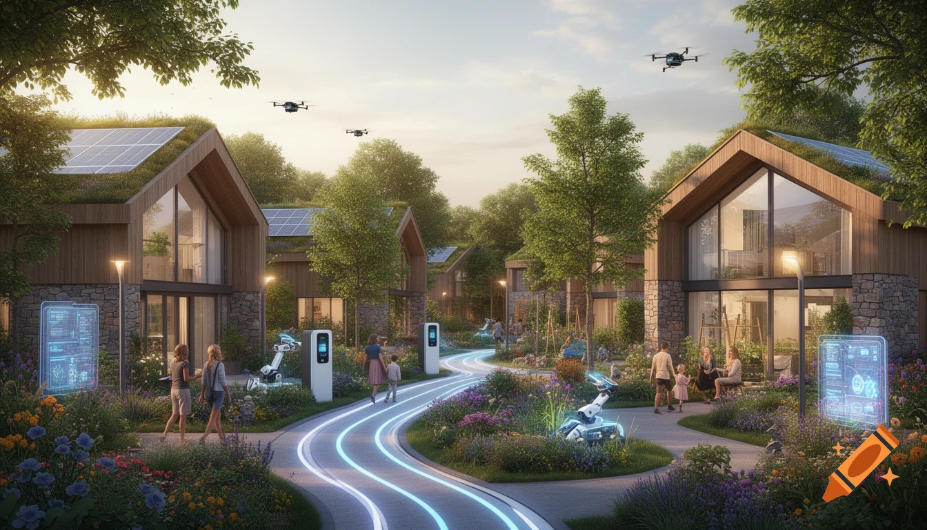 A modern, eco-friendly neighborhood with wooden houses, green roofs, and solar panels. A luminous path winds through lush gardens with people, robots, and drones.