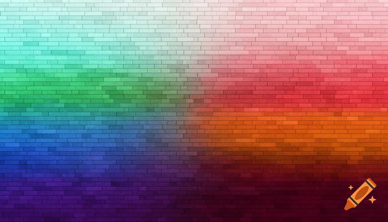 A brick wall textured background with a colorful gradient, featuring cool colors like turquoise, green, blue, and violet on the left, blending into warm colors such as pink, red, orange, and burgundy on the right, darkening towards the center.