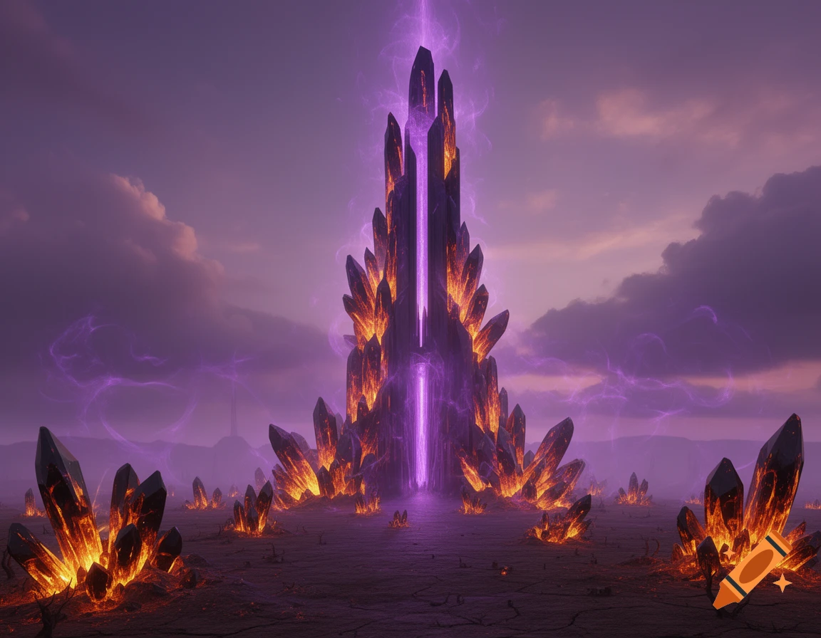 A towering structure of dark, jagged crystals glowing with purple energy, surrounded by smaller, fiery orange-glowing crystals on a barren landscape under a purple sky.