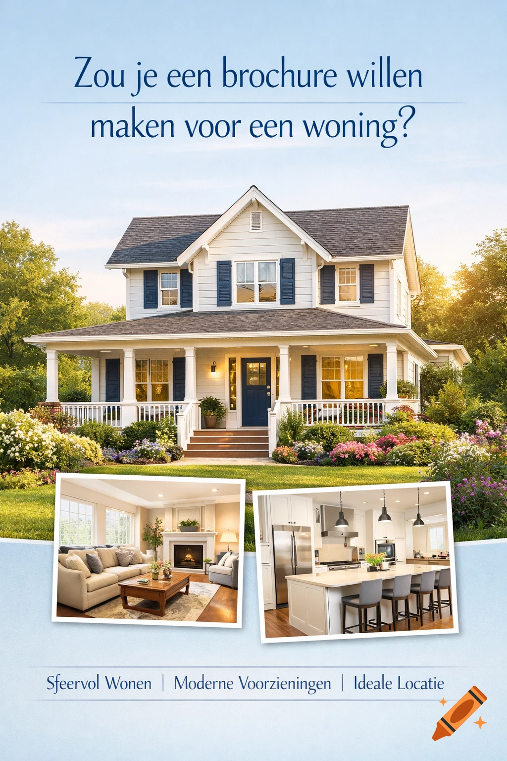 A real estate brochure featuring a white house exterior with a blue door and garden, with insets of a living room and modern kitchen.