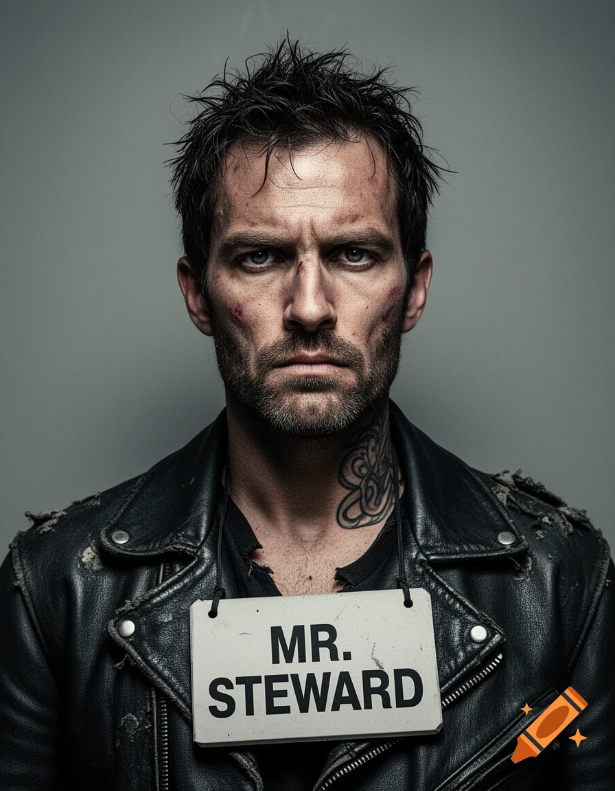 Photorealistic mugshot of a man with messy hair, a beard, and scratches on his face, wearing a ripped leather jacket and a sign reading "MR. STEWARD" around his neck.