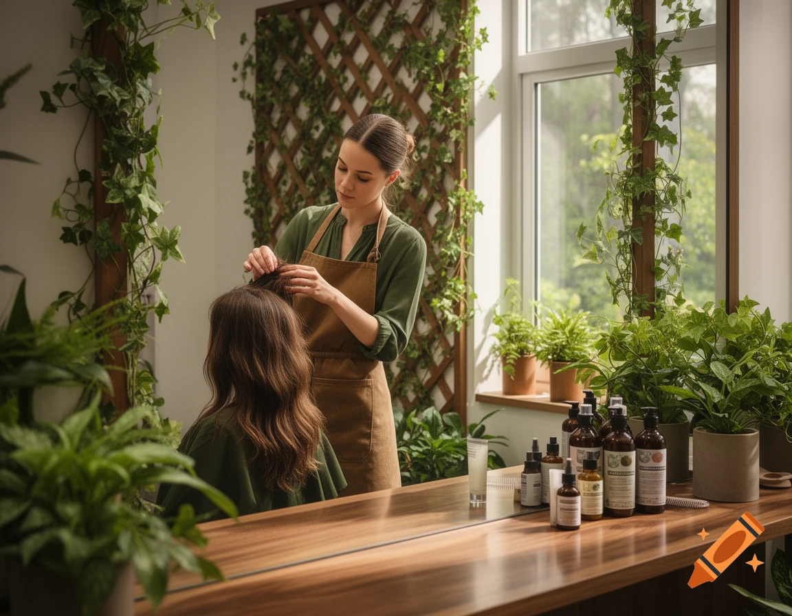 A hairdresser in a brown apron styles a client's hair in a bright, plant-filled salon with product bottles on the counter.