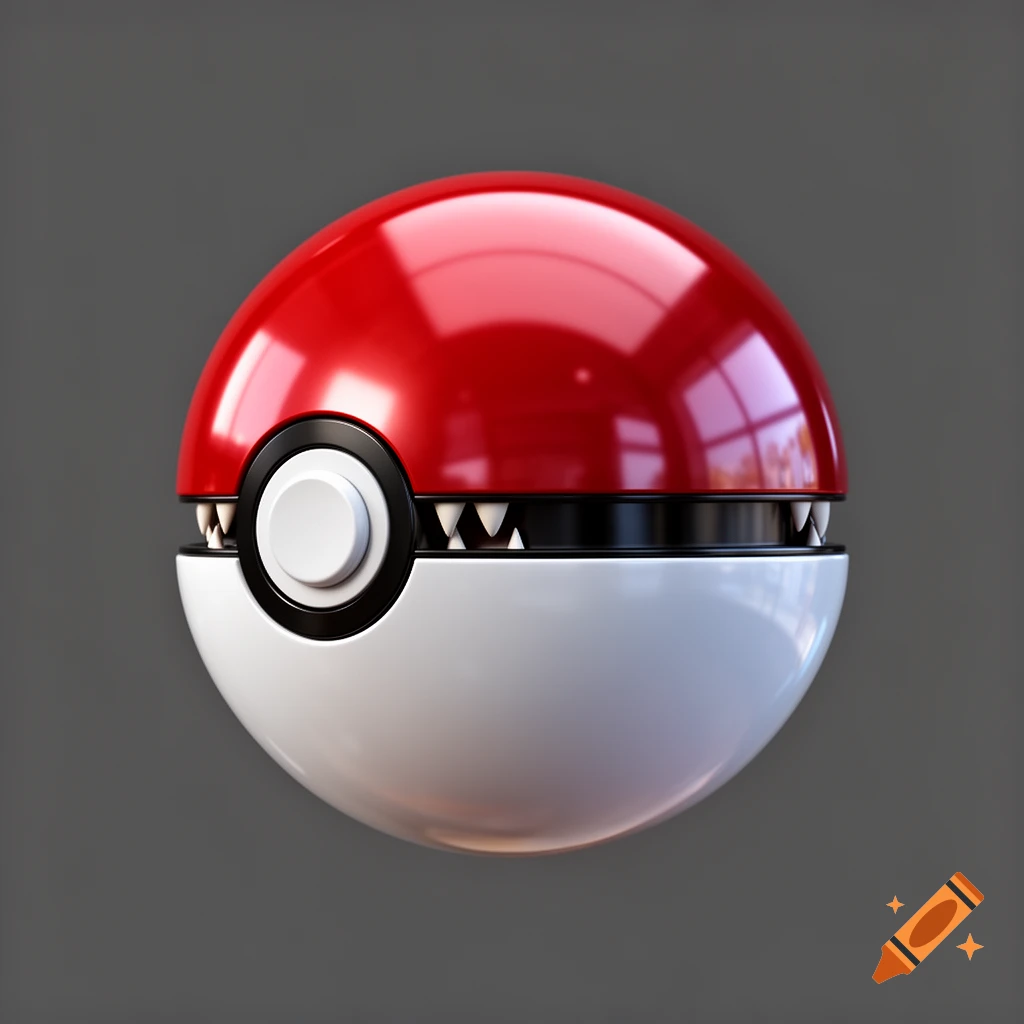 A shiny red and white Pokeball with sharp white teeth lining the opening, centered against a gray background.