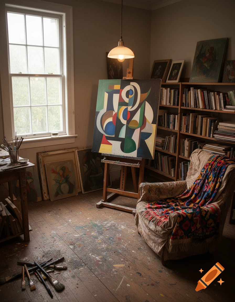 A photorealistic view of a rustic artist's studio with an abstract painting on an easel, books, and paintbrushes on a wooden floor.