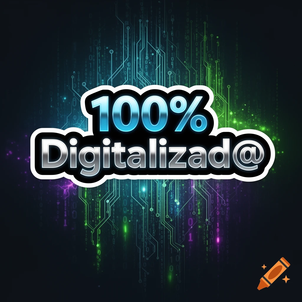 A shiny metallic blue and silver logo reading "100% Digitalizad@" on a dark background with glowing circuit board lines and binary code.