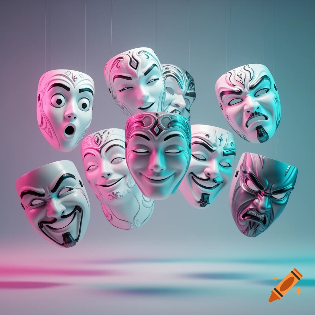 Set of stylized white and metallic masks with diverse expressions, illuminated by pink and blue light in a minimalist setting.