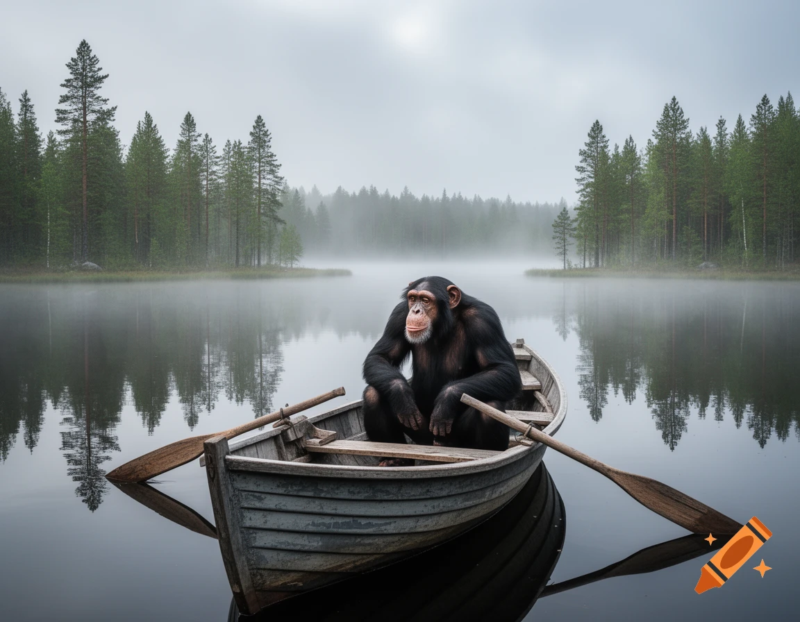 A chimpanzee sits in a rowing boat on a misty northern lake surrounded by a pine forest.