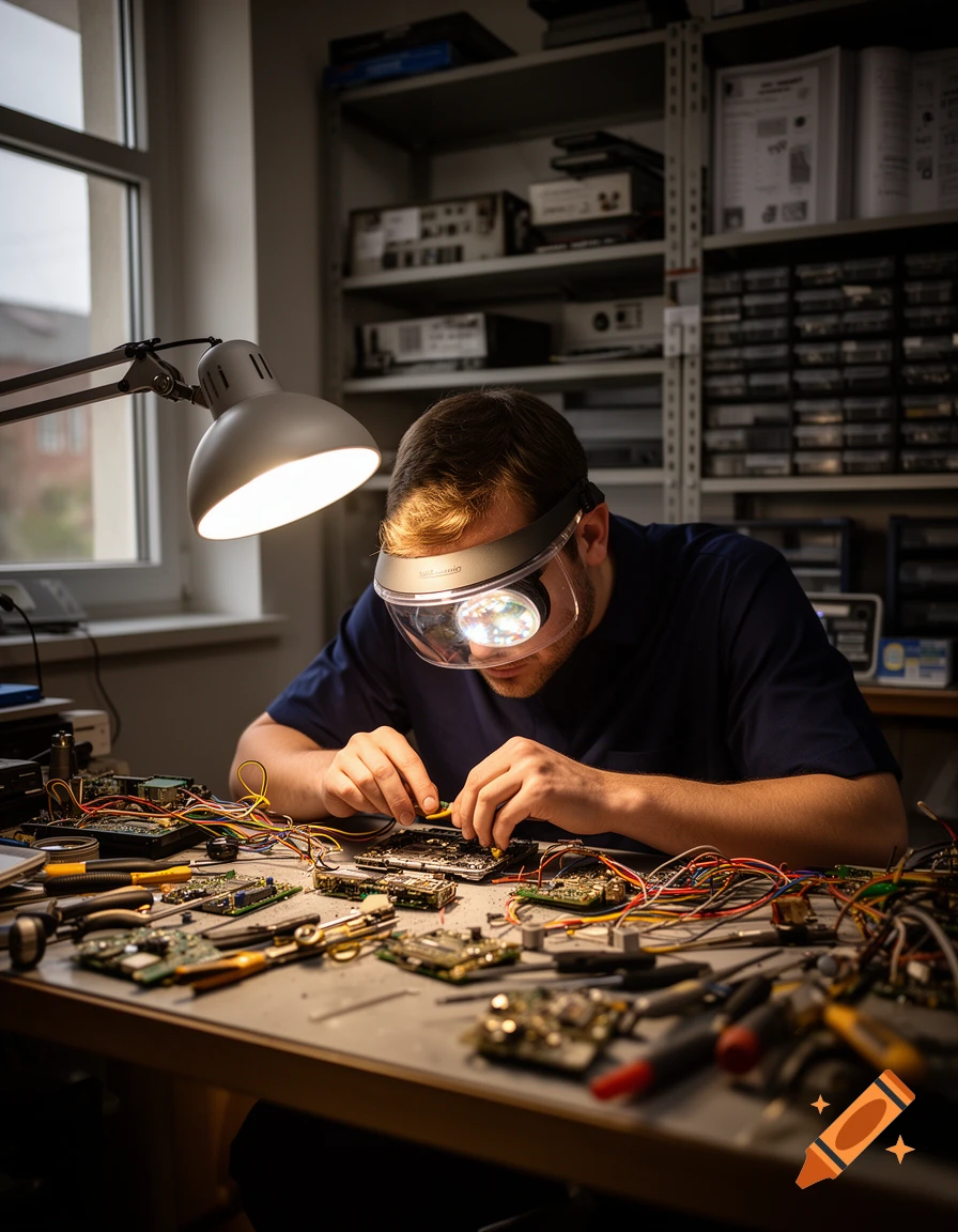 A person wearing magnifying glasses with a light, intently working on circuit boards and electronic components at a cluttered desk in a workshop.