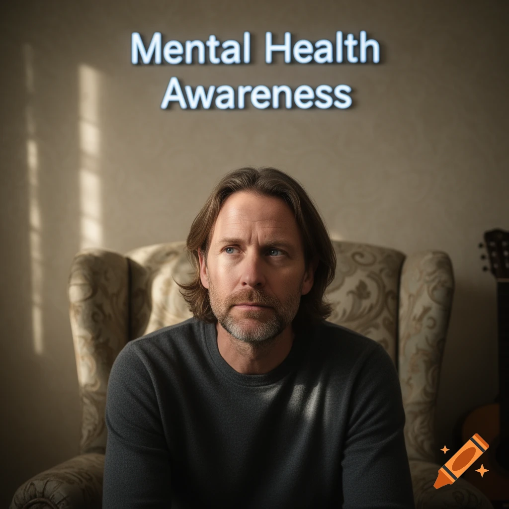 Thoughtful man sits in armchair under glowing 'Mental Health Awareness' text, a guitar visible in the background.