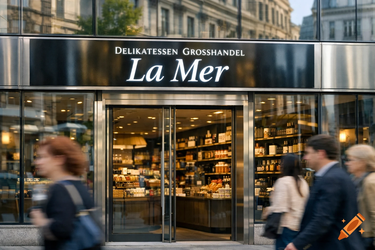 A photorealistic shot of a 'La Mer Delikatessen Grosshandel' storefront on a busy urban street with blurred pedestrians.