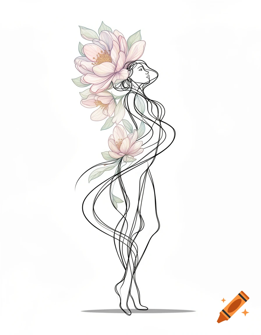 A minimalist line art illustration features a graceful female form adorned with large pink and green flowers.
