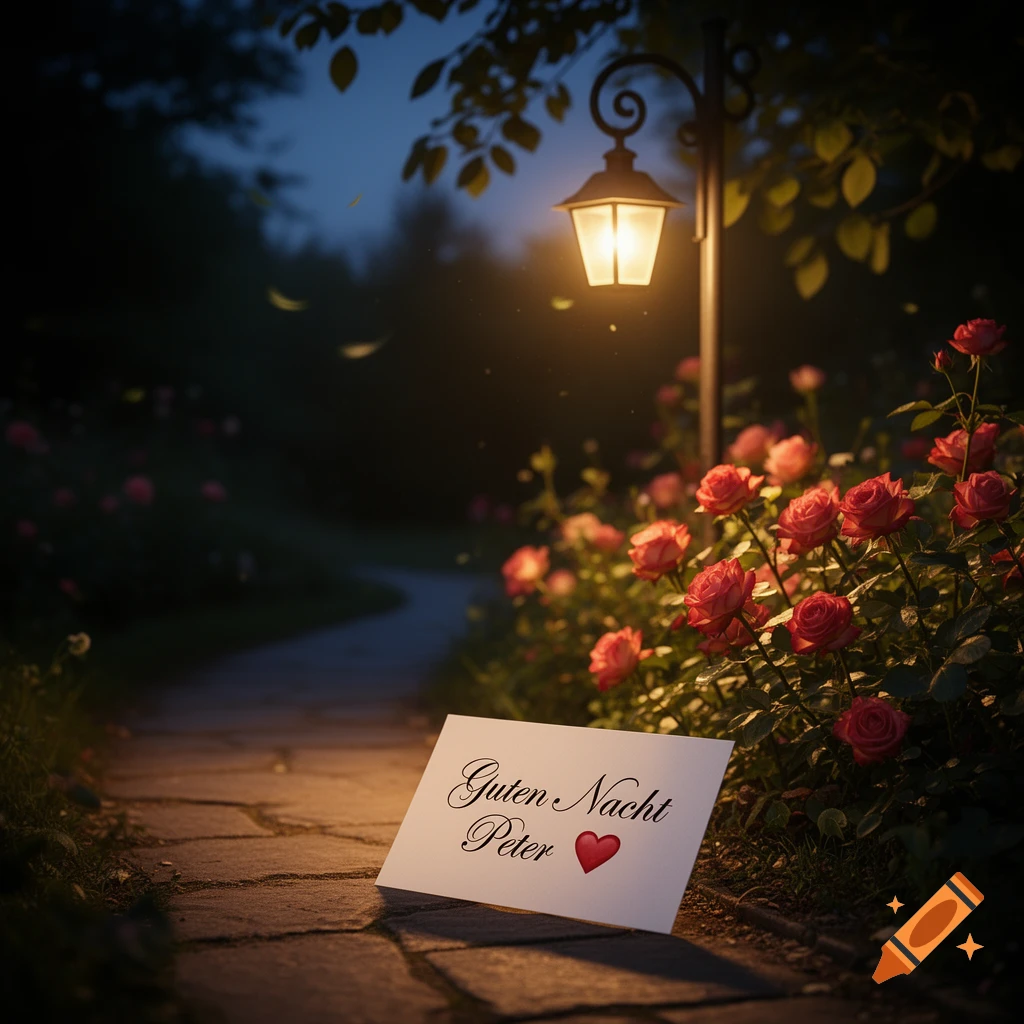 Photorealistic night scene of a garden path, glowing red roses, a lit lamppost, and a card reading 'Guten Nacht Peter ❤️' on the ground.
