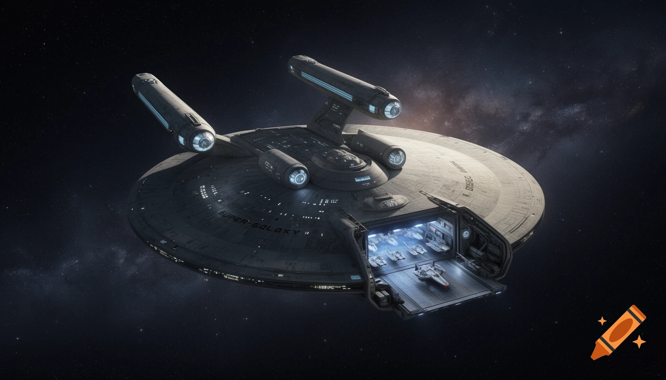 Photorealistic view of a massive 'Super-Galaxy' starship in deep space, with an open docking bay revealing smaller shuttlecraft.