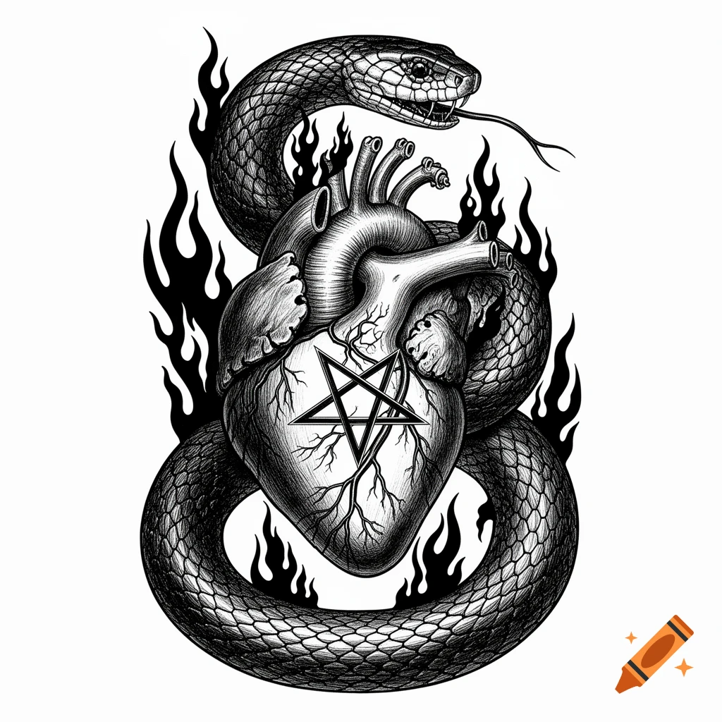 Black ink etching of an anatomical heart with an inverted pentagram, coiled by a snake, with flames erupting.