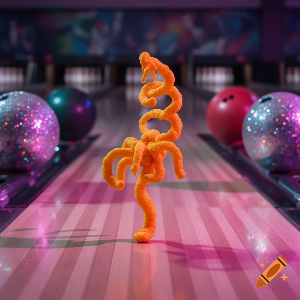 A whimsical creature made of orange Cheetos stands upright on a pink-striped bowling lane, with glittery bowling balls on either side.