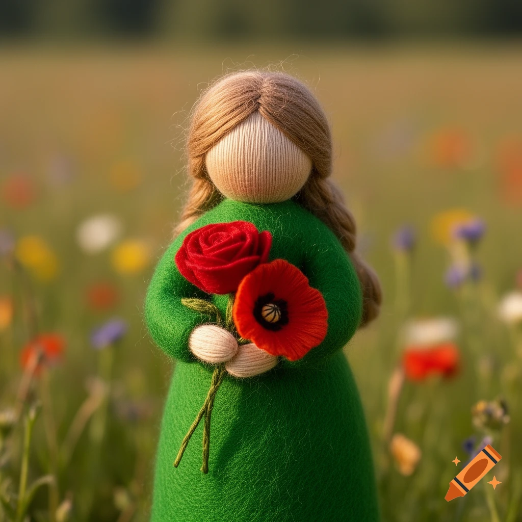 A close-up of a yarn doll with blonde hair, wearing a green dress, holding a red rose and a poppy in a blurry wildflower field.