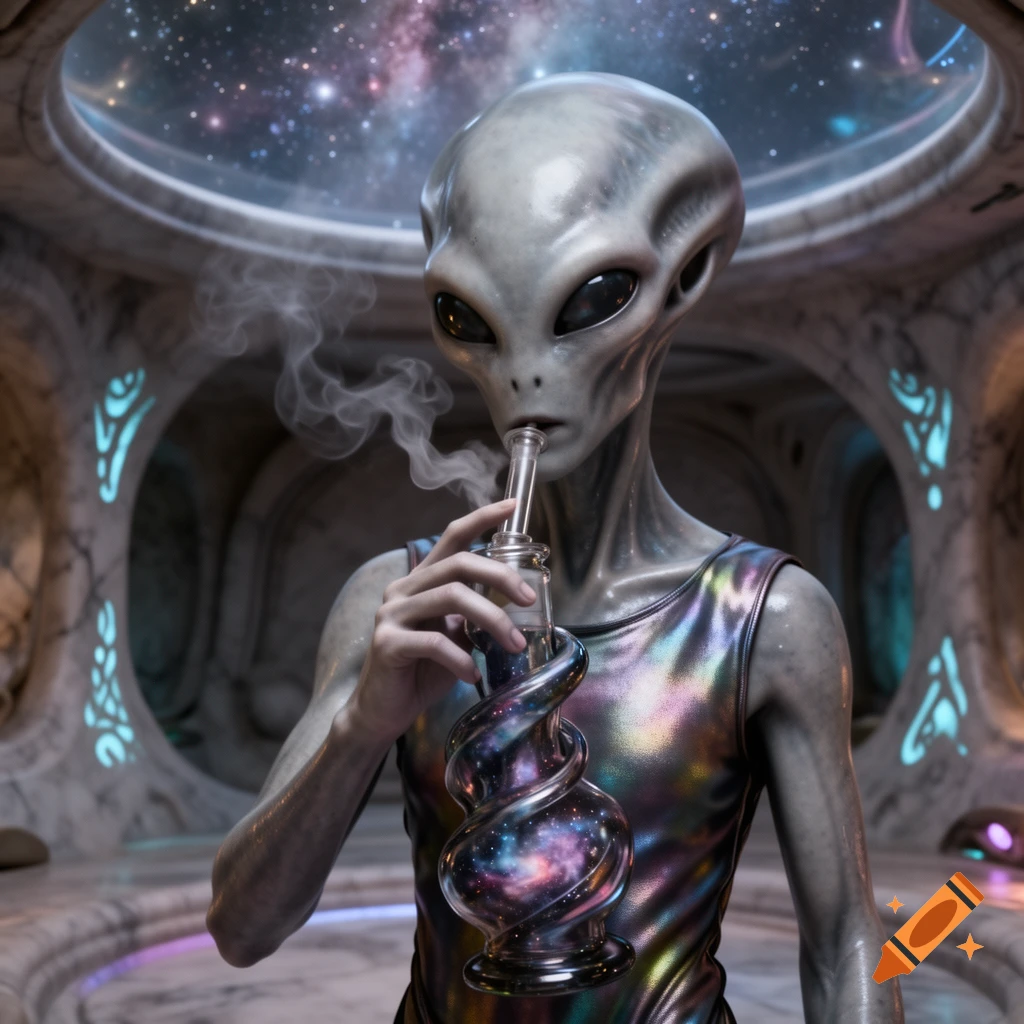 A grey alien in a holographic tank top smoking from a galaxy-filled bong in a futuristic, marble-like room with a space view.