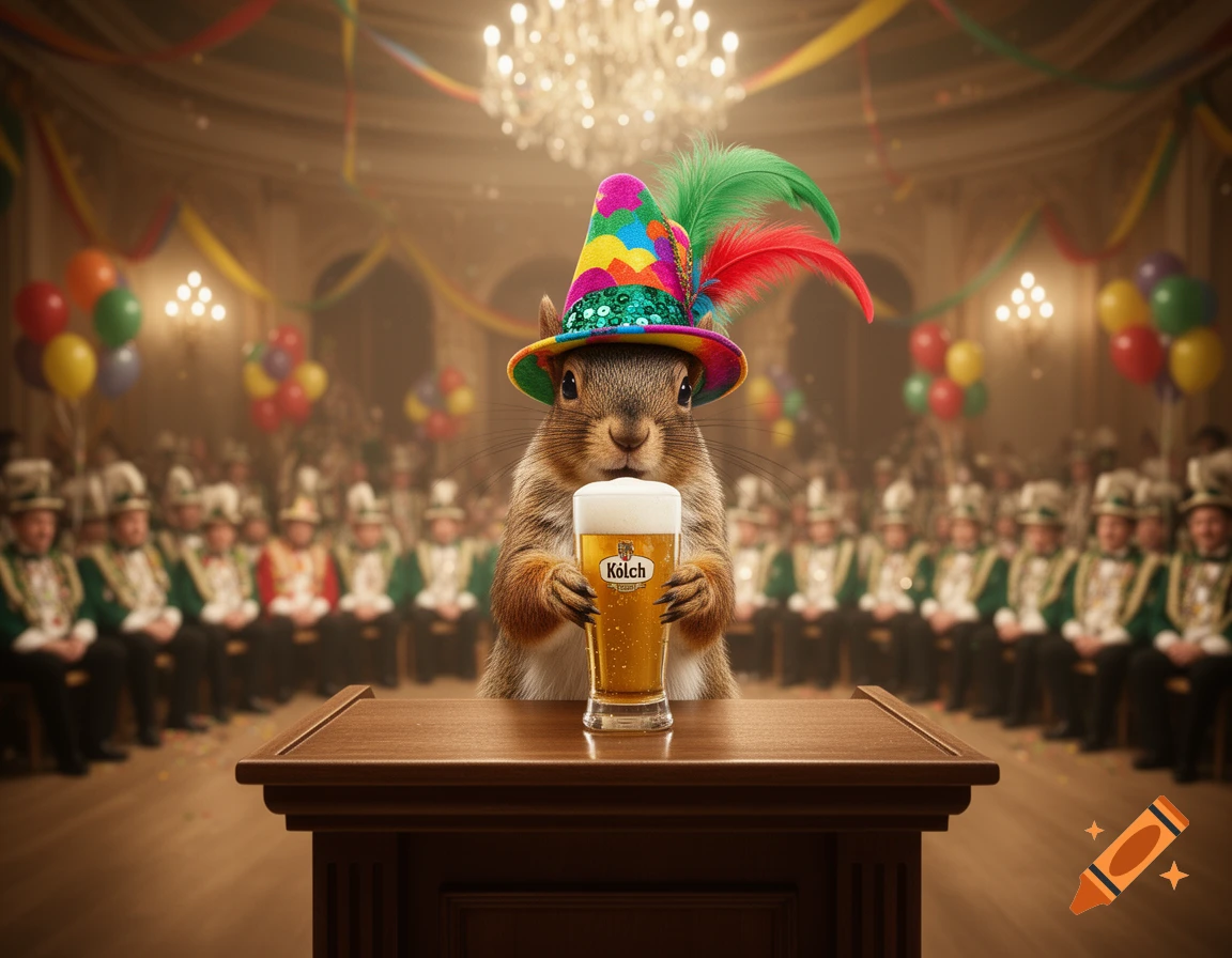 A squirrel in a colorful carnival hat stands behind a podium, holding a glass of K A4lsch beer. A blurred crowd is in the background.