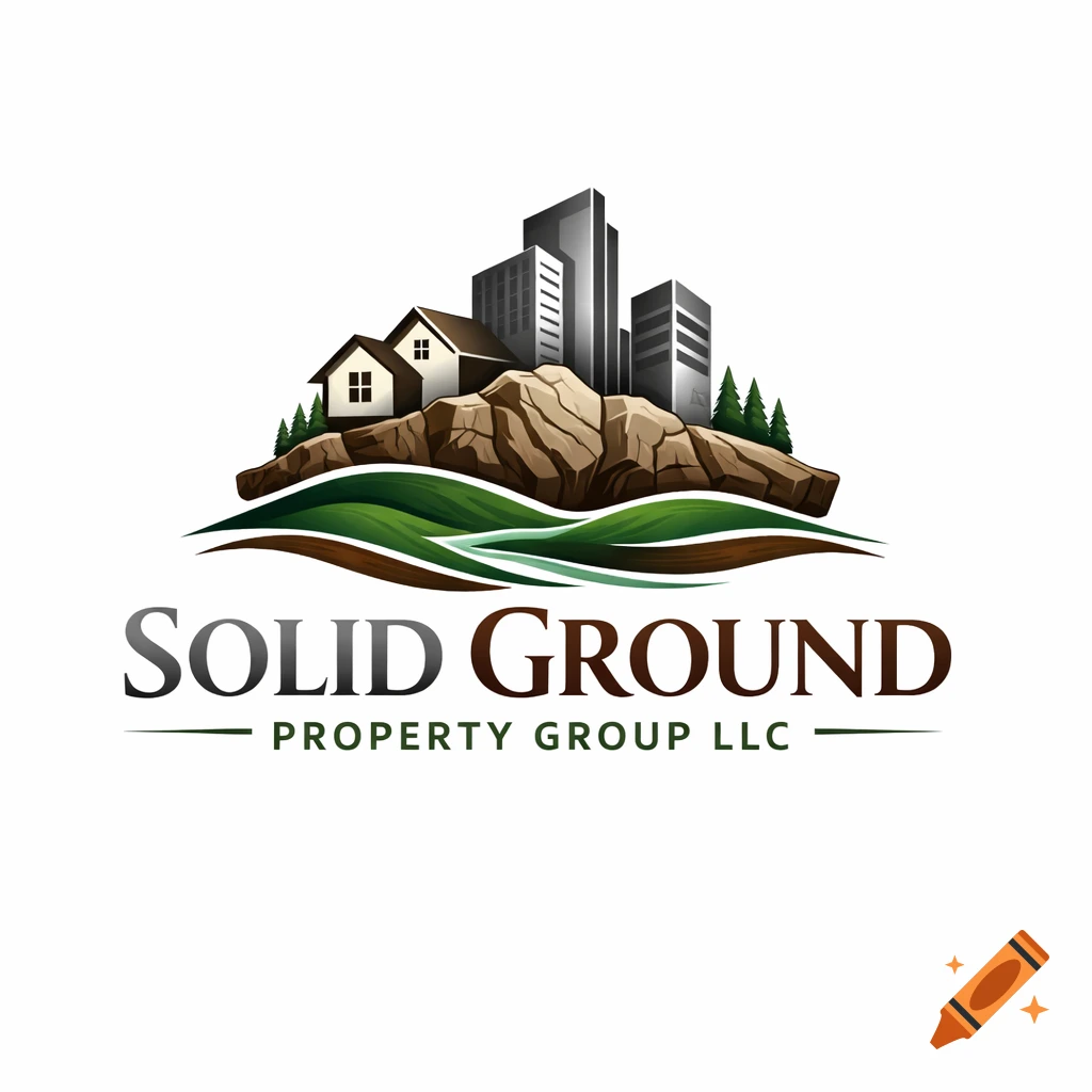 Logo for Solid Ground Property Group LLC featuring houses and buildings on a rocky, green landscape.