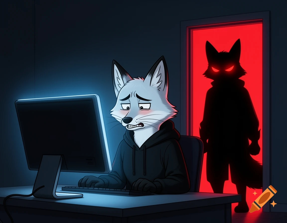 Cartoony white fox in a hoodie looks embarrassed at a computer, while an angry fox silhouette with red eyes looms in a red doorway behind.