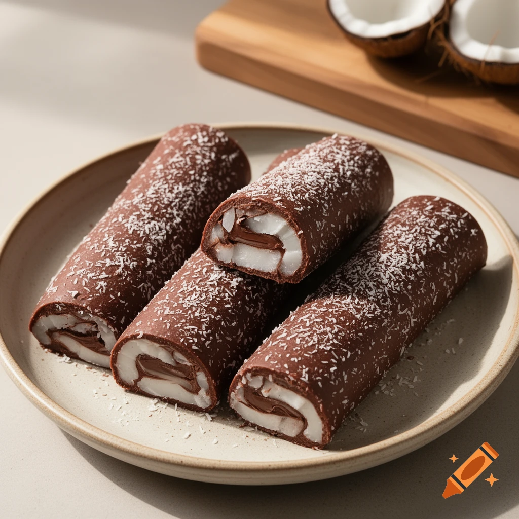 Photorealistic image of four chocolate-covered coconut roll bars with coconut flakes on a plate, one cut open revealing white filling and chocolate.