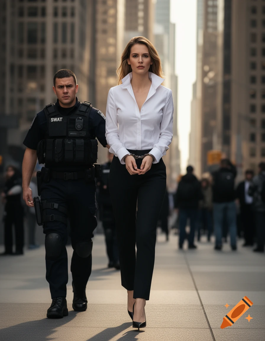 A serious businesswoman in a white shirt and black pants is handcuffed, walking on a city street next to a SWAT officer.