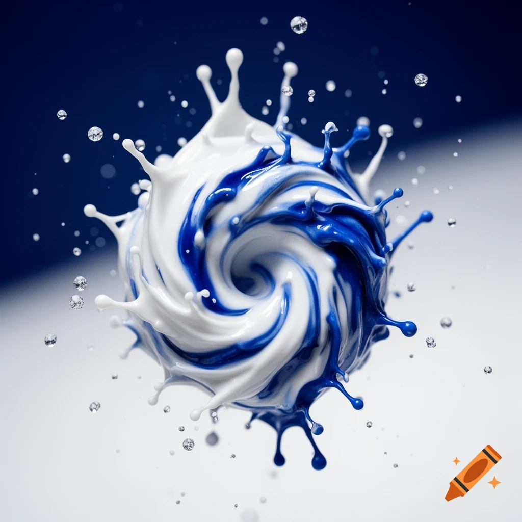 A dynamic splash of white and blue liquid twisting into a spiral, with small droplets scattered around, against a blue and white background.