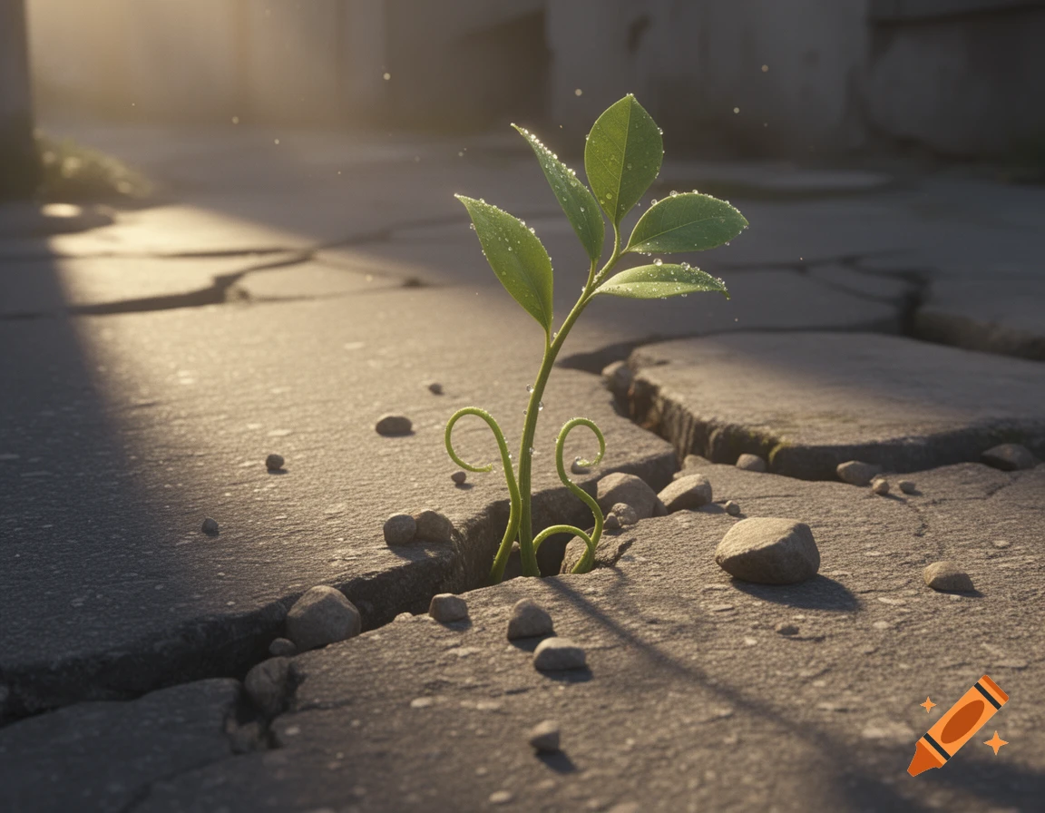 A small green plant with leaves and water droplets grows from a crack in asphalt with scattered rocks, illuminated by warm sunlight.
